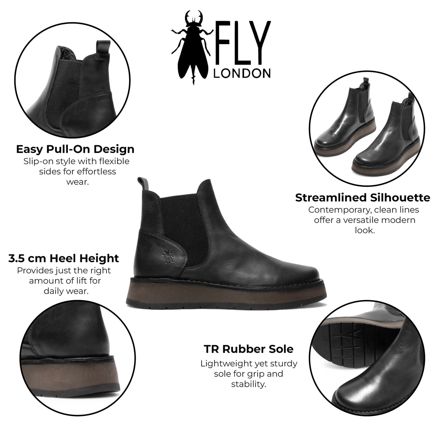 Fly London Womens Black RAWI131 Chelsea Leather Ankle Pull-On Classic Comfort Boots
