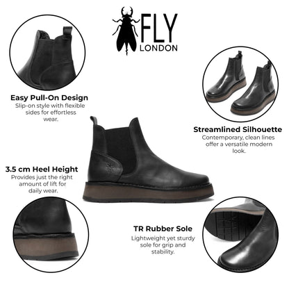 Fly London Womens Black RAWI131 Chelsea Leather Ankle Pull-On Classic Comfort Boots