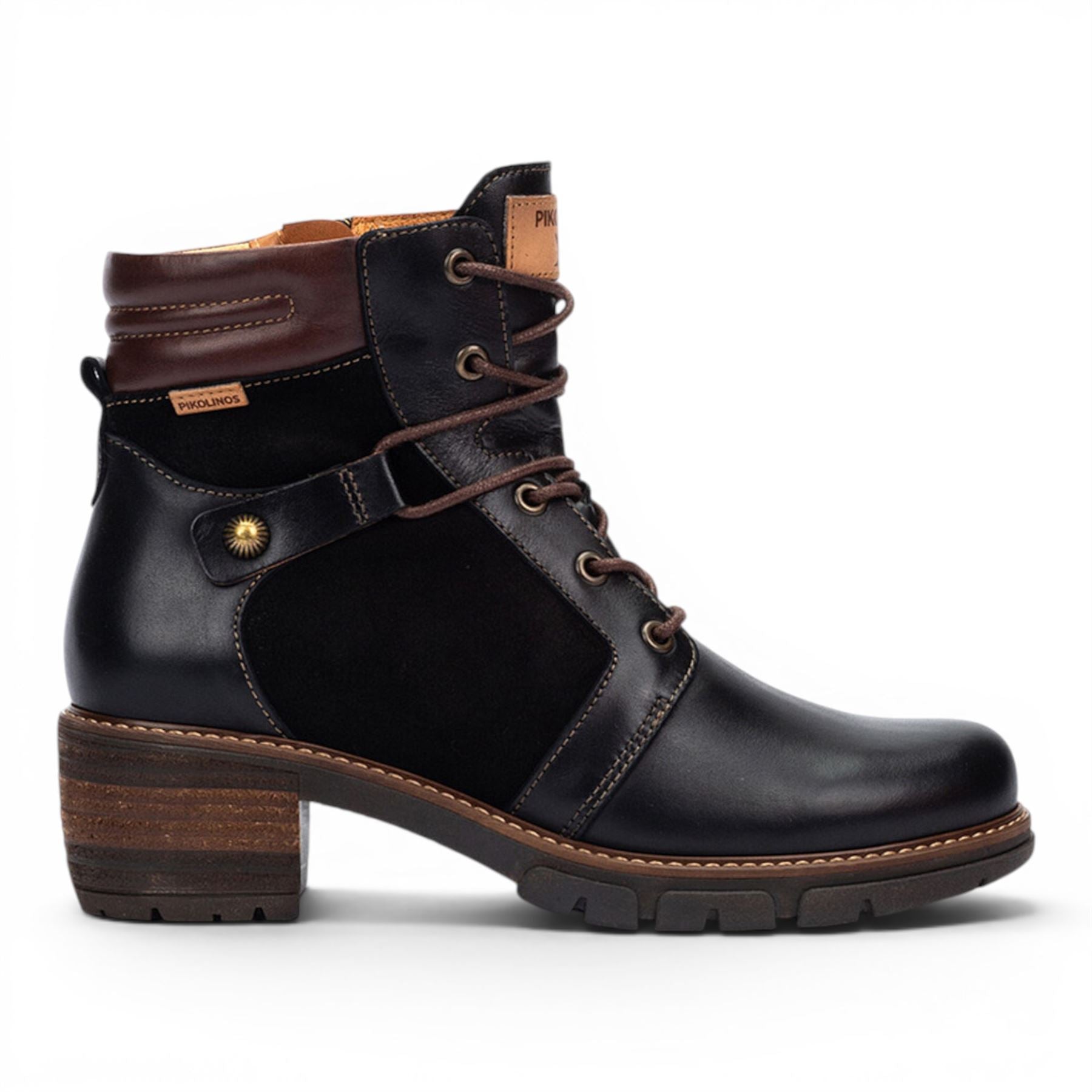 Pikolinos Women’s Black Leather Zip &amp; Lace Up Heel Ankle Boots - San Sebastia