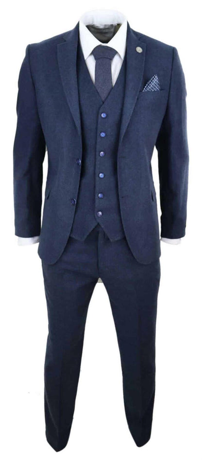 Mens 3 Piece Navy Blue Wool Tweed Vintage Retro Suit - Upperclass Fashions 