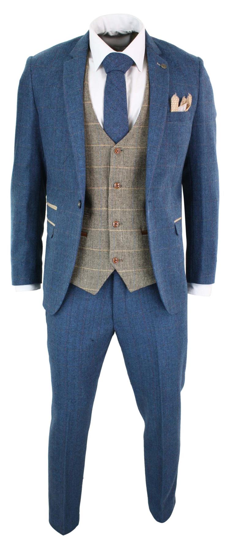 Mens 3 Piece Blue Tweed Vintage Suit - Upperclass Fashions 