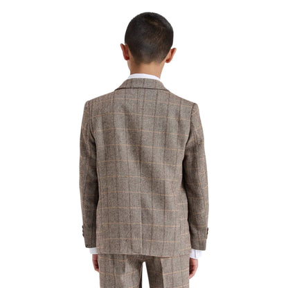 Boys Brown Tailored Fit Tweed 3 Piece Formal Suit - Harris