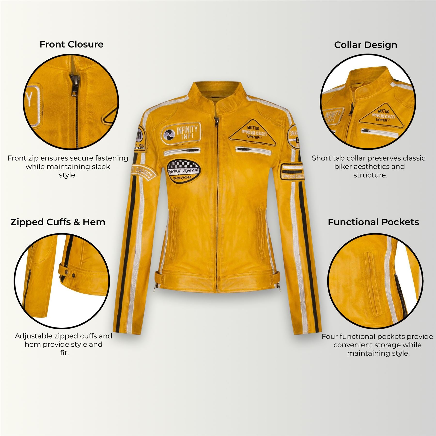 Womens Biker Racing Badges Leather Jacket-Eastleigh