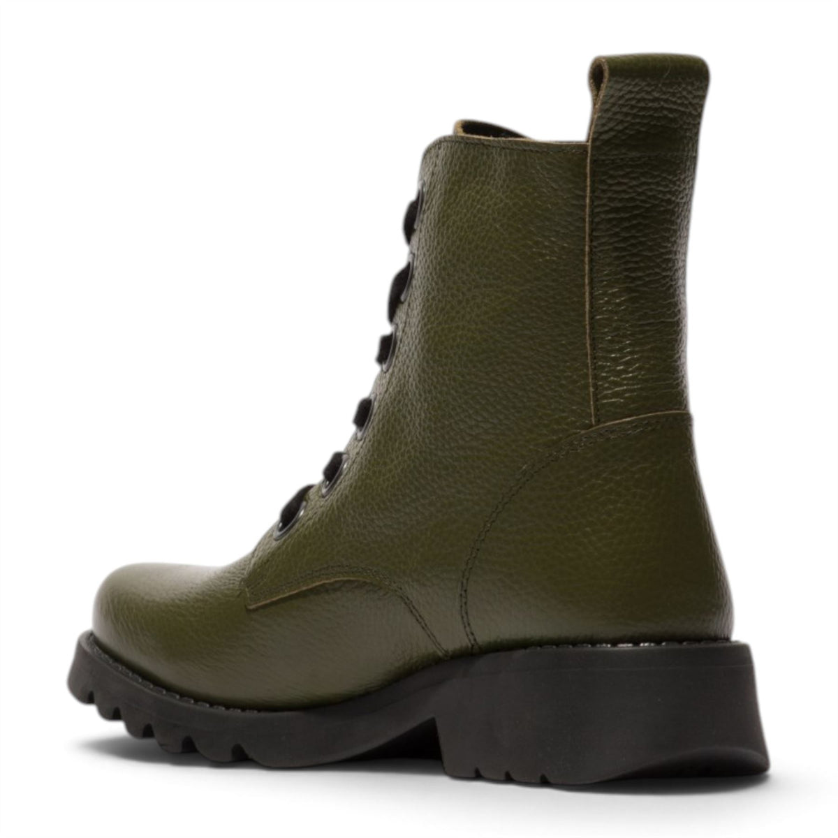 Fly London Womens Military Green Leather Lace-Up Heeled Ankle Boots - RAMY488