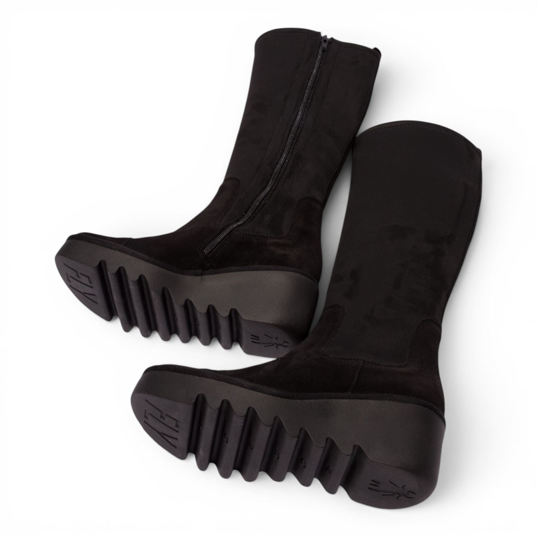 Fly London Womens Black Suede Leather High Wedge Heel Long Boots - BUDI603
