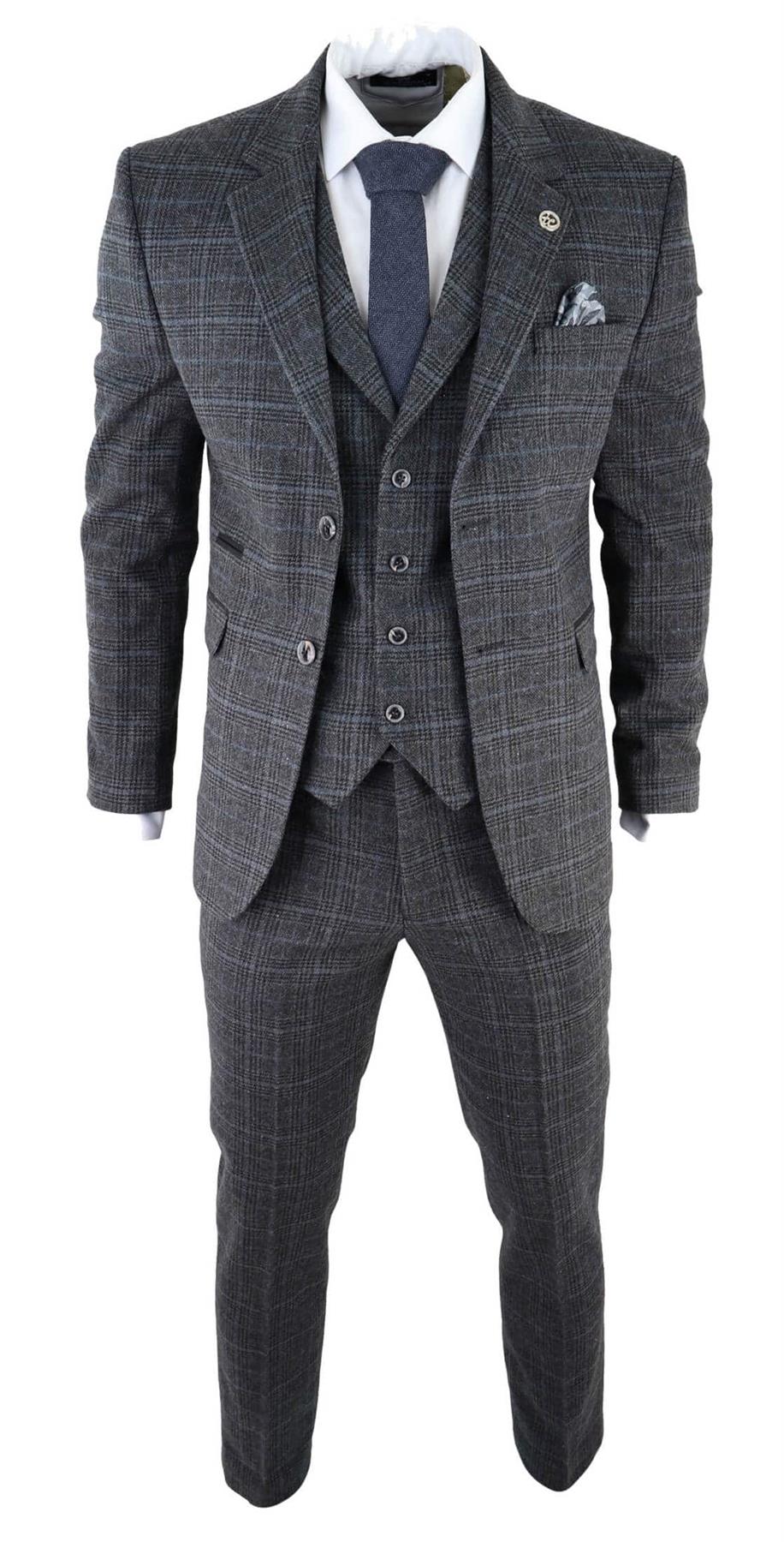 Mens Grey Check 3 Piece Tweed Suit Peaky Blinders 1920s Gatsby Tailored Fit