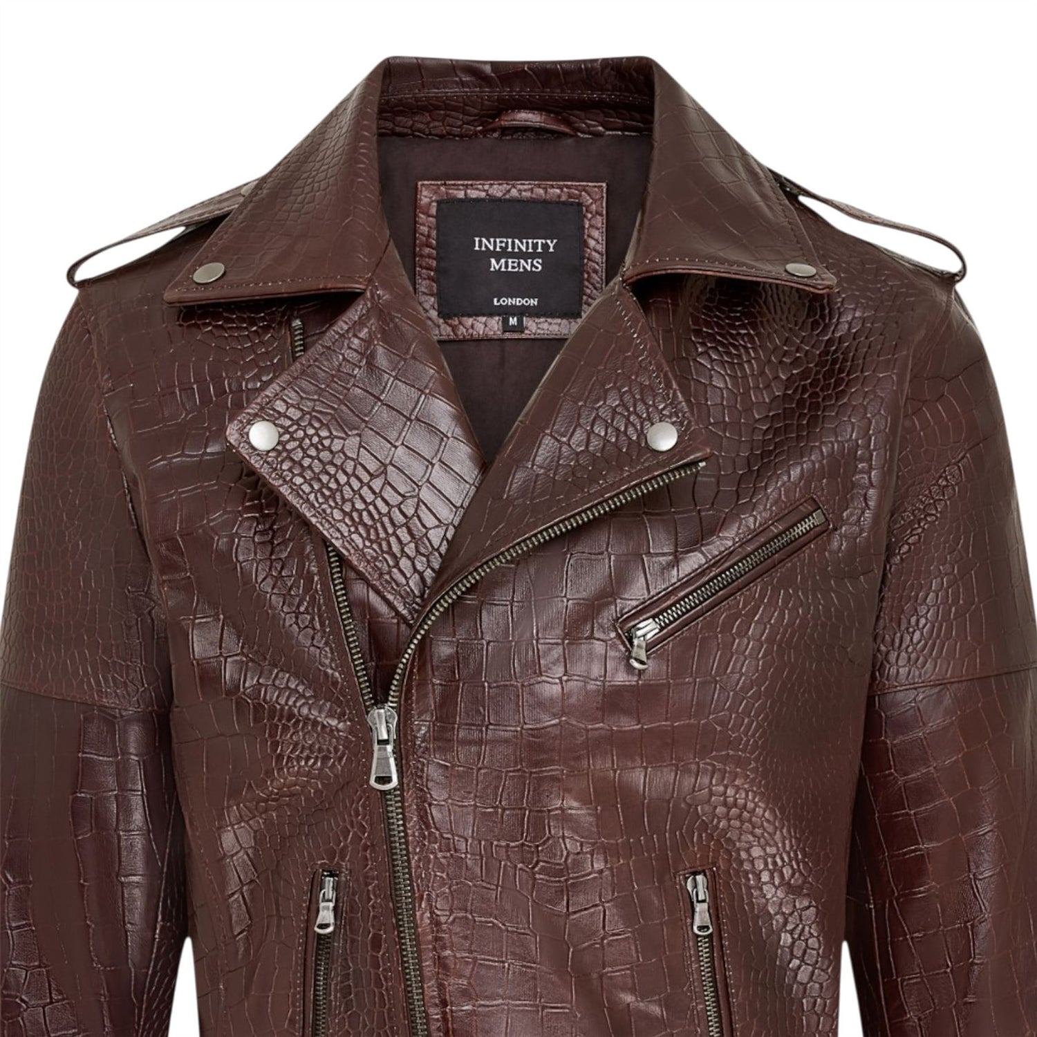 Mens Cow Leather Alligator Print Embossed Biker Jacket - Rot