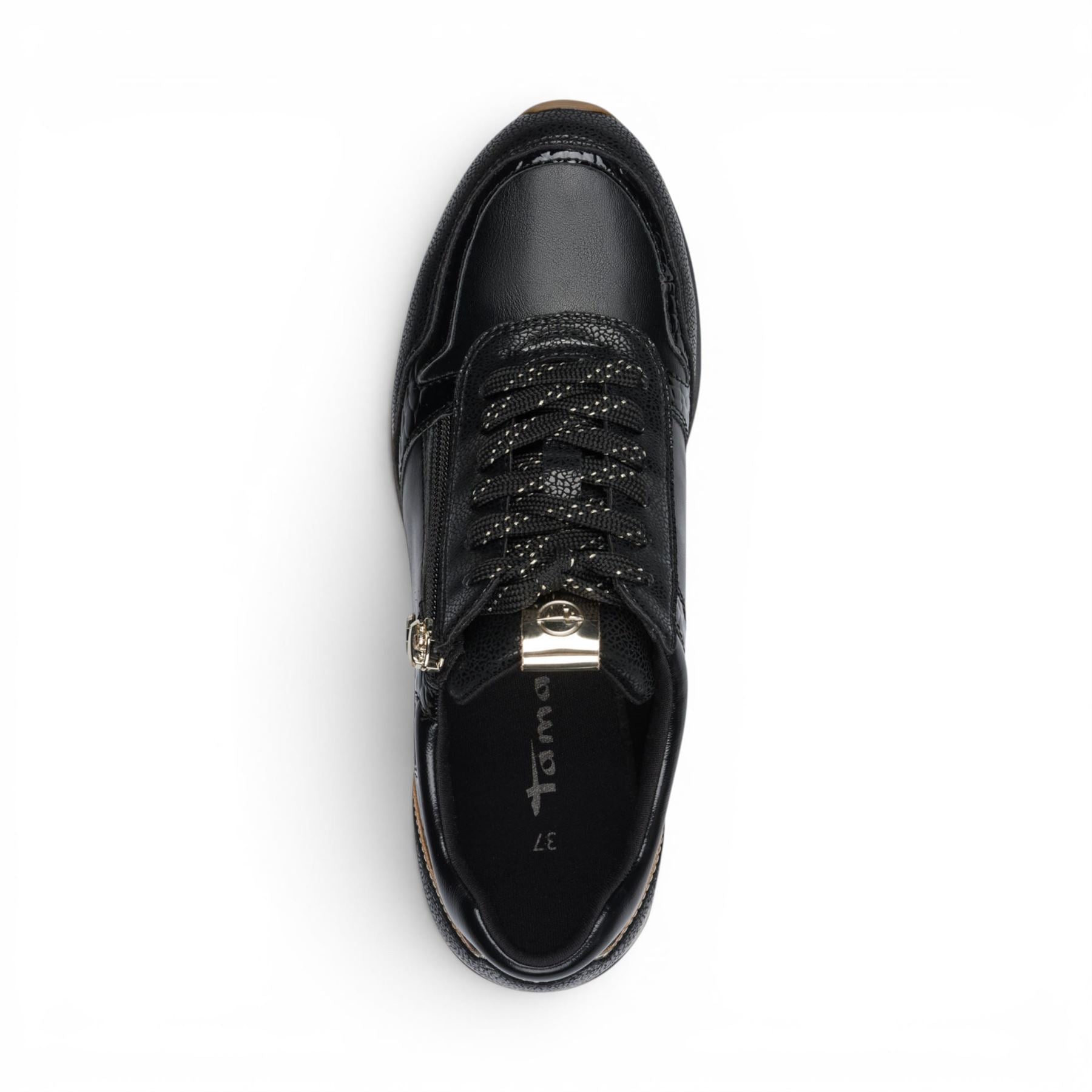 Tamaris Womens Black Faux Leather Fashion Lace Up Sneakers - 23613-46