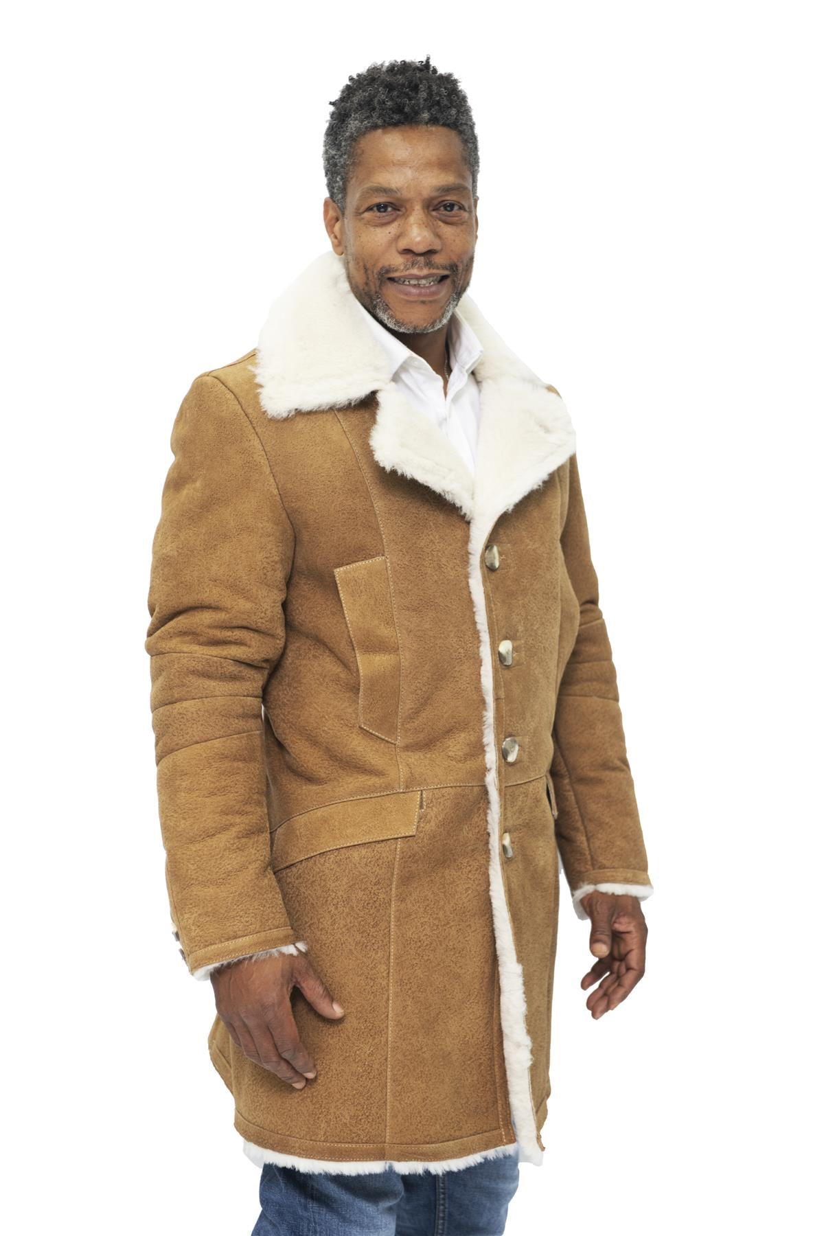 Mens Long Sheepskin shearling Trench Coat-Lewes