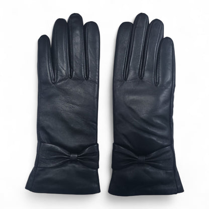 Womens Italian Leather Winter Bow Design Soft Wool Lining Gloves - L-GLV-401