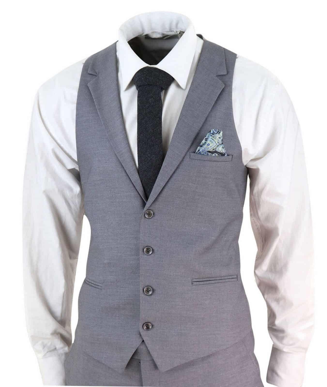 New Mens 3 Piece Suit Plain Grey Classic Tailored Fit Smart Casual 1920s Formal