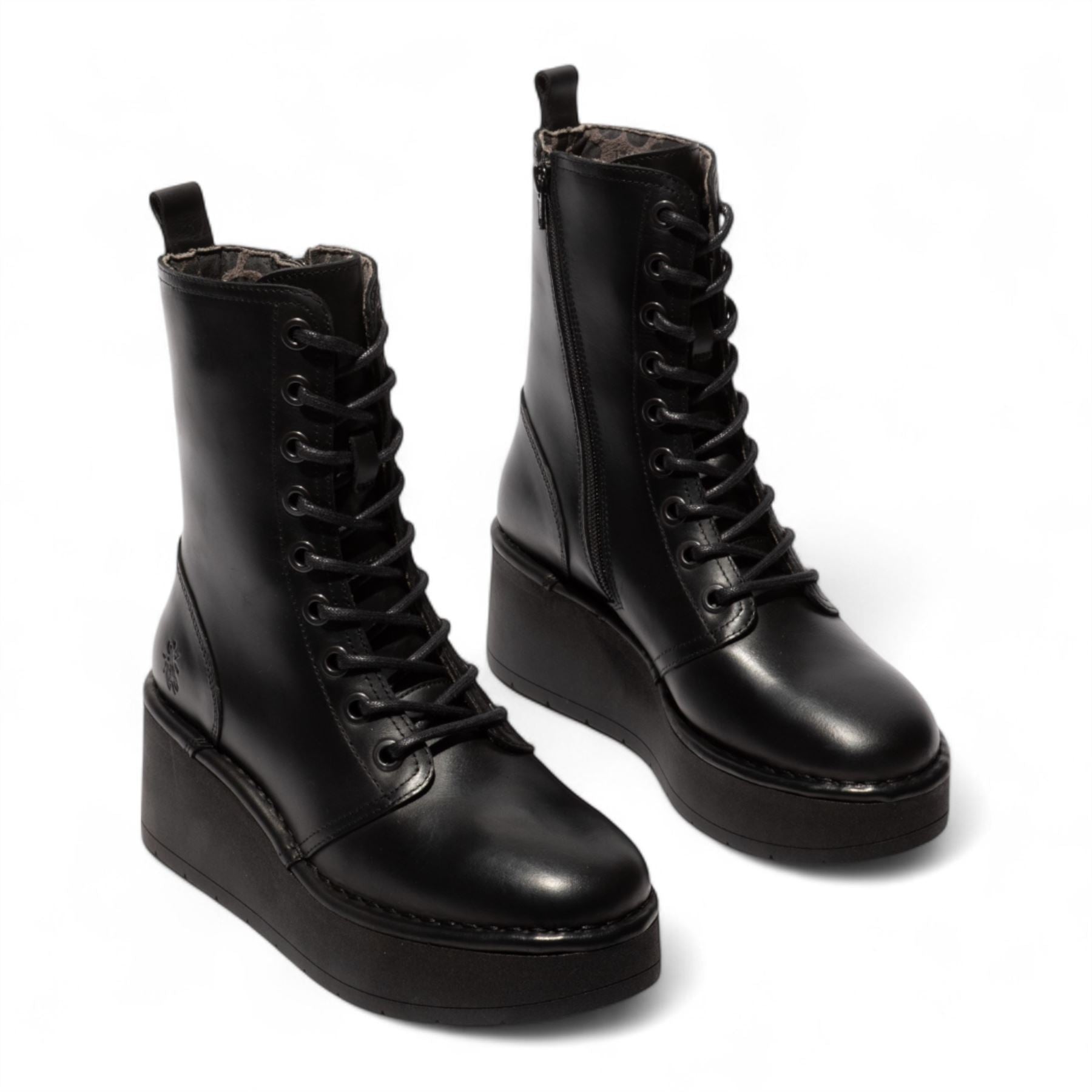 Fly London Womens Black HAIT273 Leather Lace-up Chunky Platform