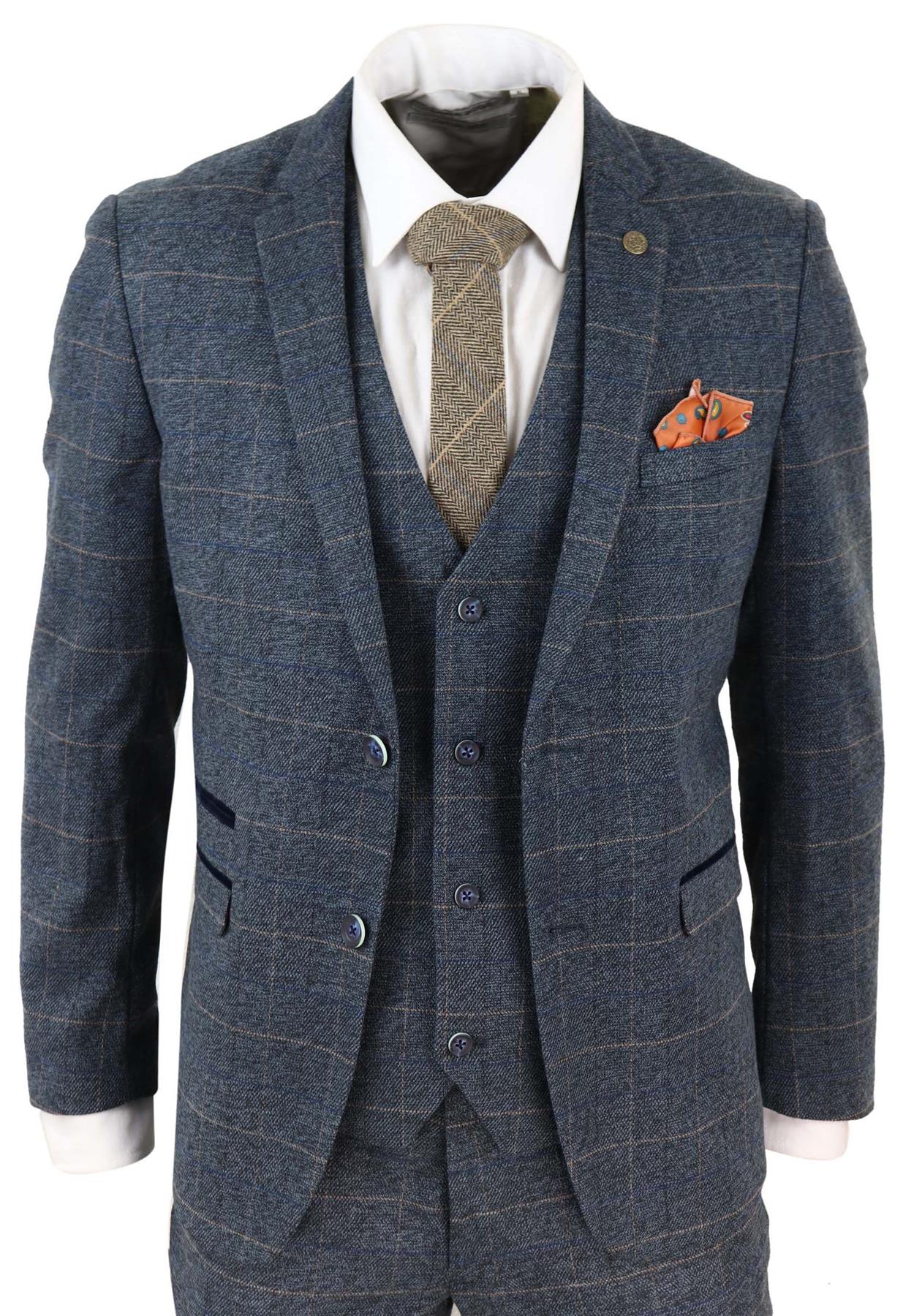 Mens 3 Piece Blue Tweed Check Vintage Suit