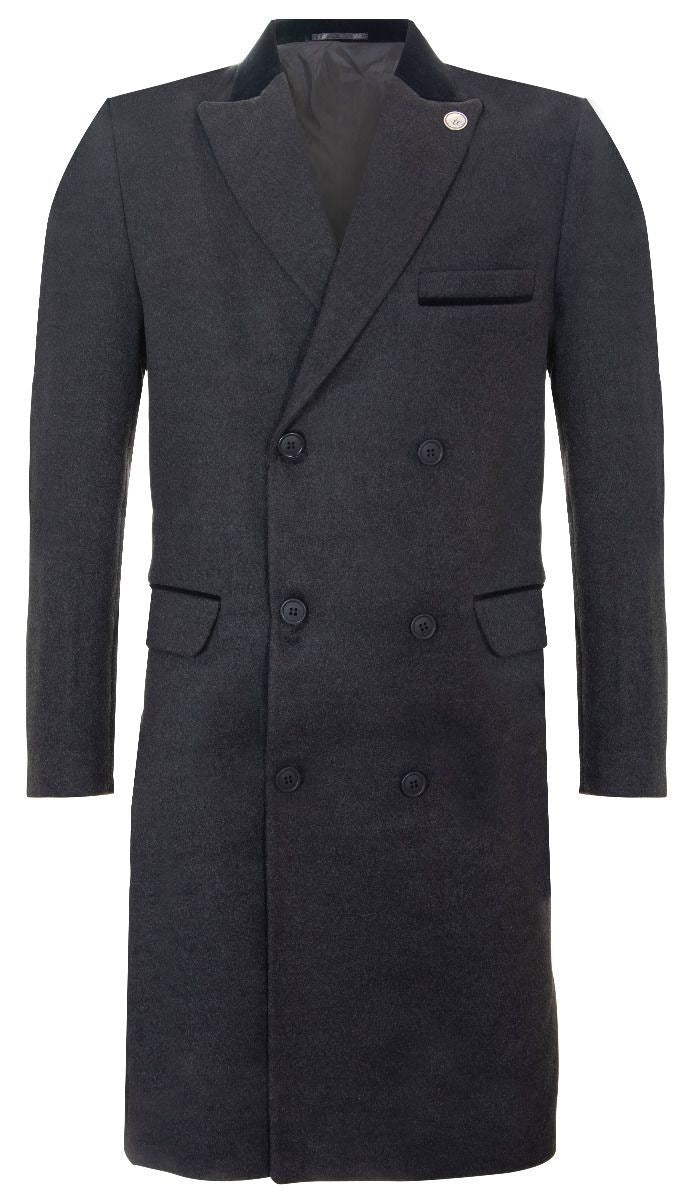 Mens 3/4 Grey Long Double Breasted Crombie Overcoat Wool Coat Peaky Blinders