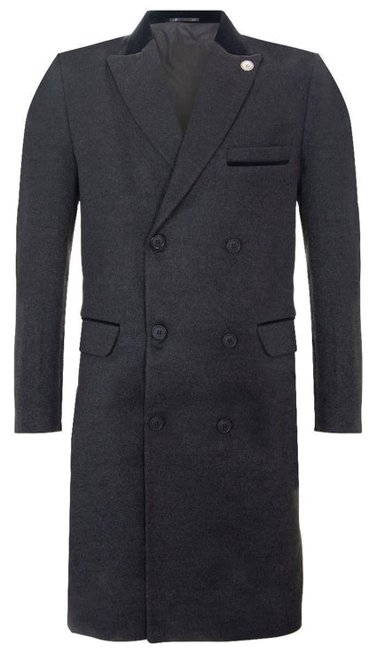 Mens 3/4 Grey Long Double Breasted Crombie Overcoat Wool Coat Peaky Blinders
