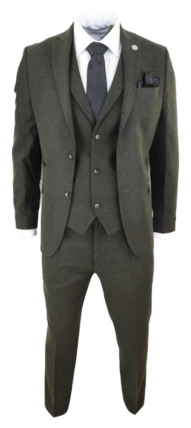 Mens 3 Piece Olive Green Wool Tweed Vintage Retro Suit - Upperclass Fashions 