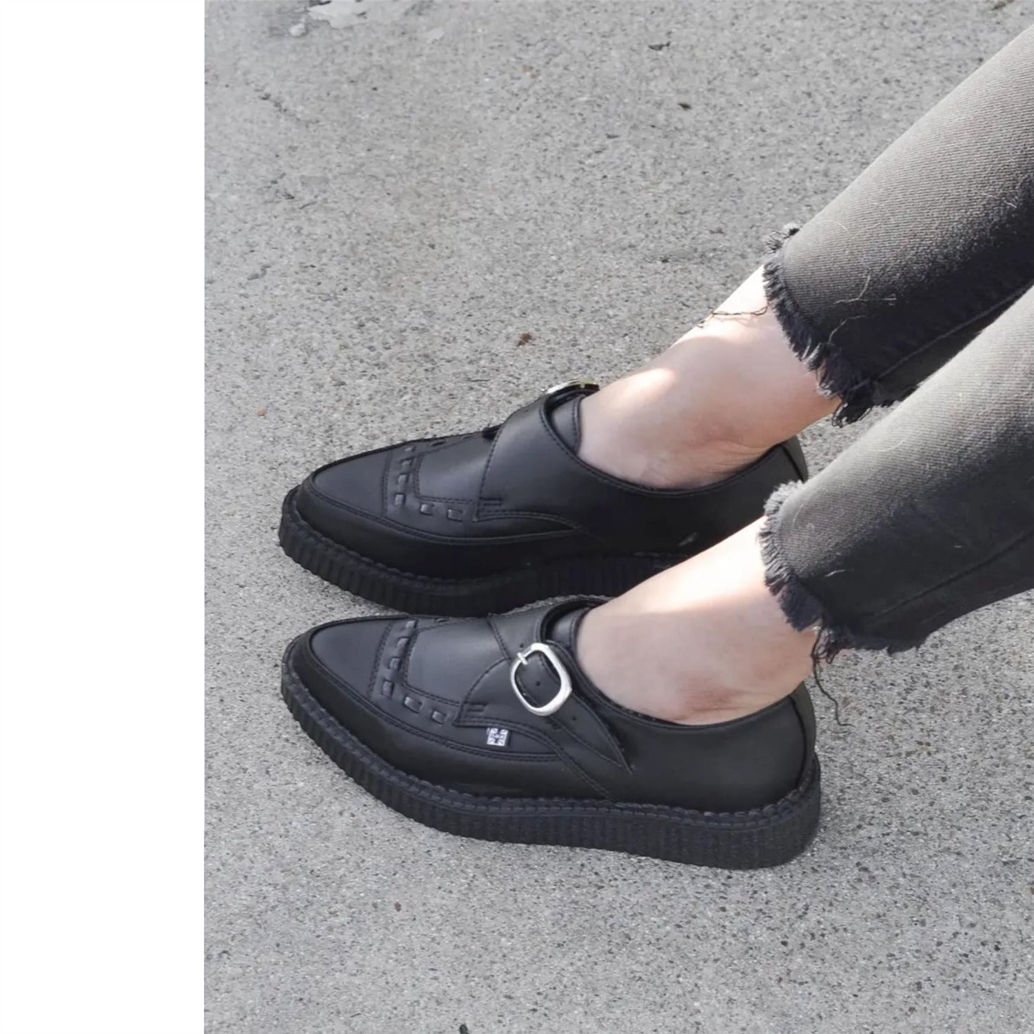 TUK Pointed Creeper Black Leather Monk Buckle Platform Shoes - A8520