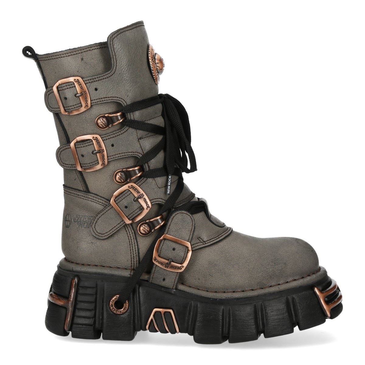 New Rock Grey Brown Leather Gothic Mid-Calf Biker Boots - M-373XL-C119