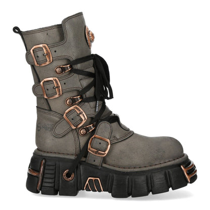 New Rock Grey Brown Leather Gothic Mid-Calf Biker Boots - M-373XL-C119