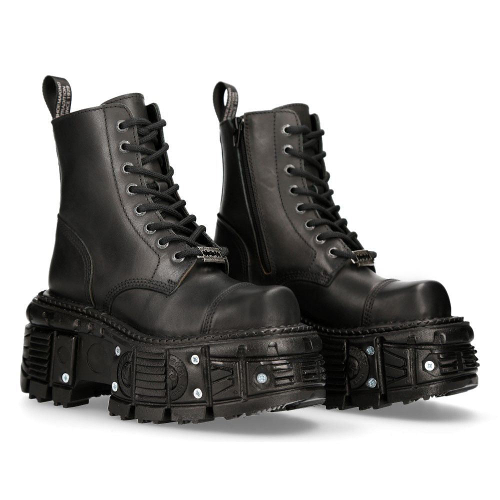 New Rock Unisex Black Leather Combat Platform Boots- TANK083-C1