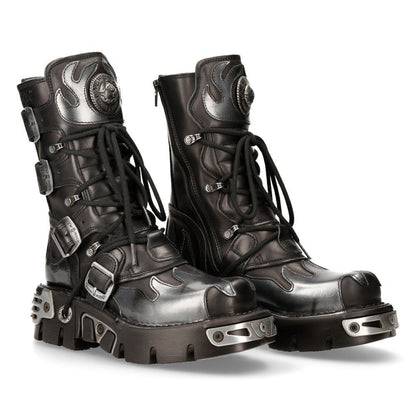 New Rock Flame Accented Black/Silver Leather Boots-591-S2
