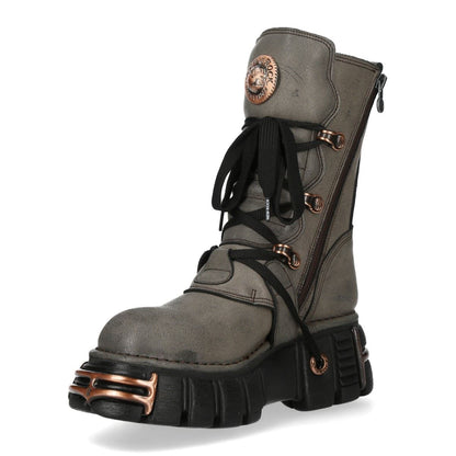 New Rock Grey Brown Leather Gothic Mid-Calf Biker Boots - M-373XL-C119