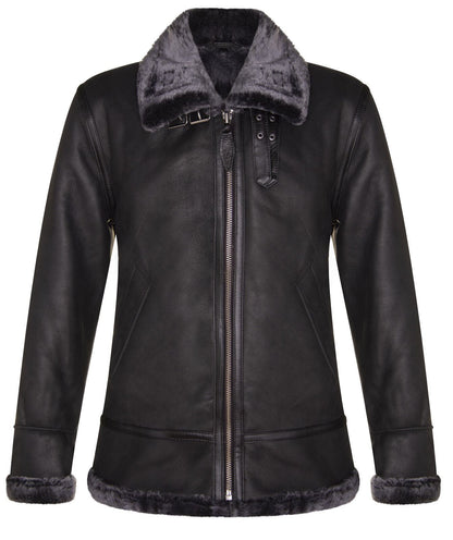 Mens B3 Black Leather Sheepskin Jacket-Hornsey