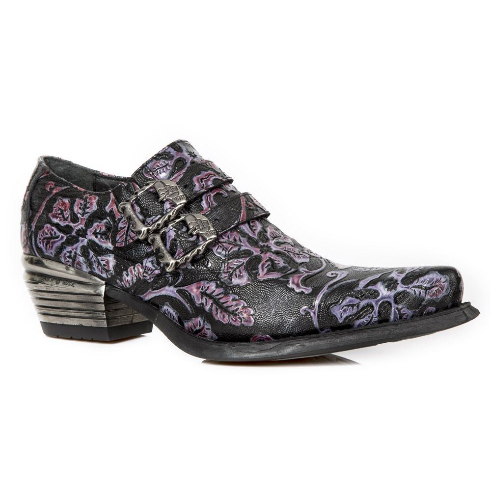 New Rock Vintage Purple Floral Leather Buckle Shoes-7960-S8