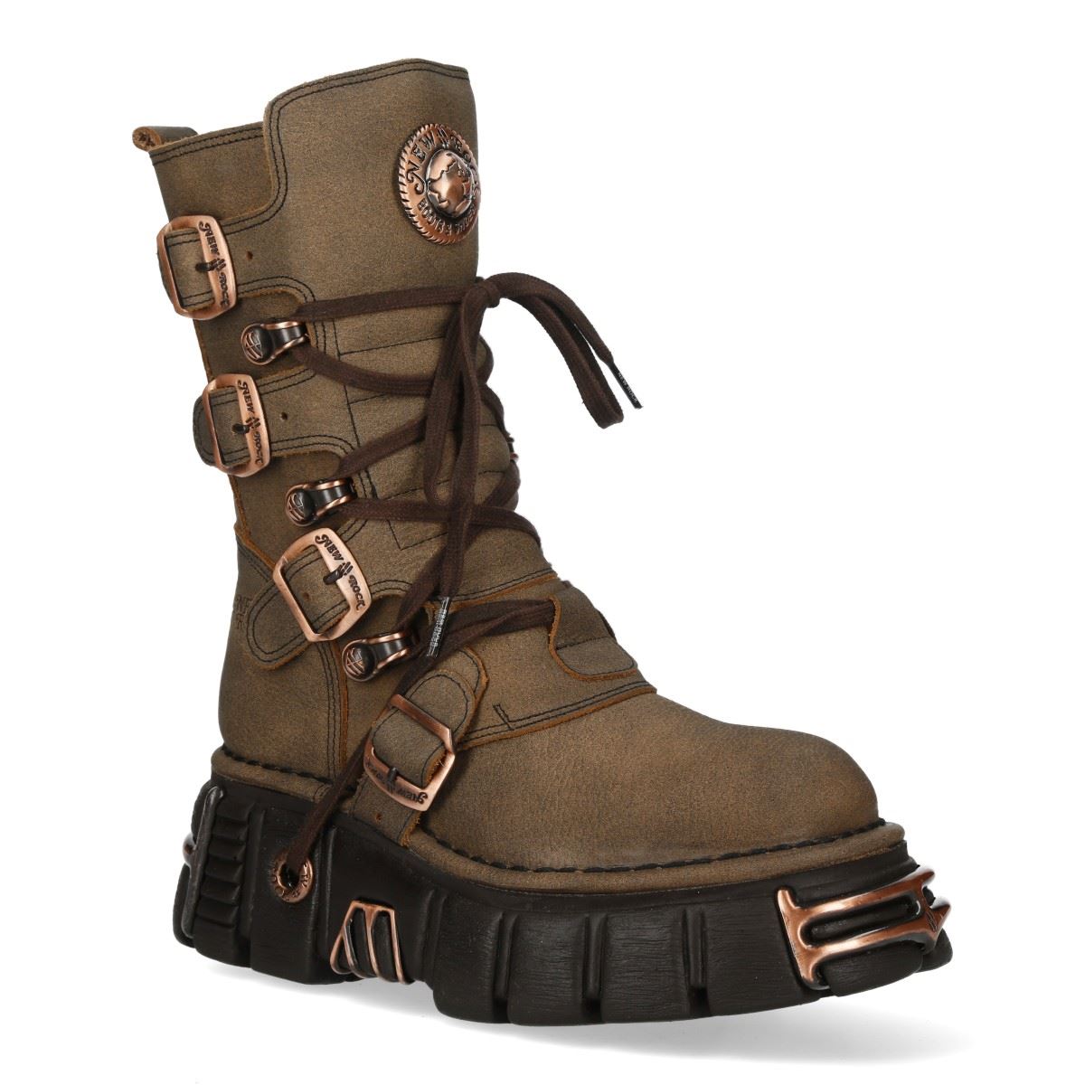 New Rock Brown Leather Gothic Mid-Calf Biker Boots - M-373XL-C120