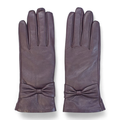 Womens Italian Leather Winter Bow Design Soft Wool Lining Gloves - L-GLV-401