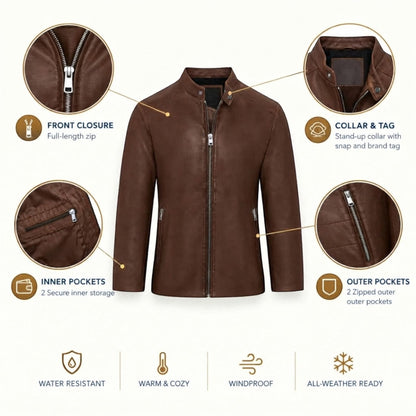 Mens Leather Stand Collar Cafe Racer Biker Jacket - E184