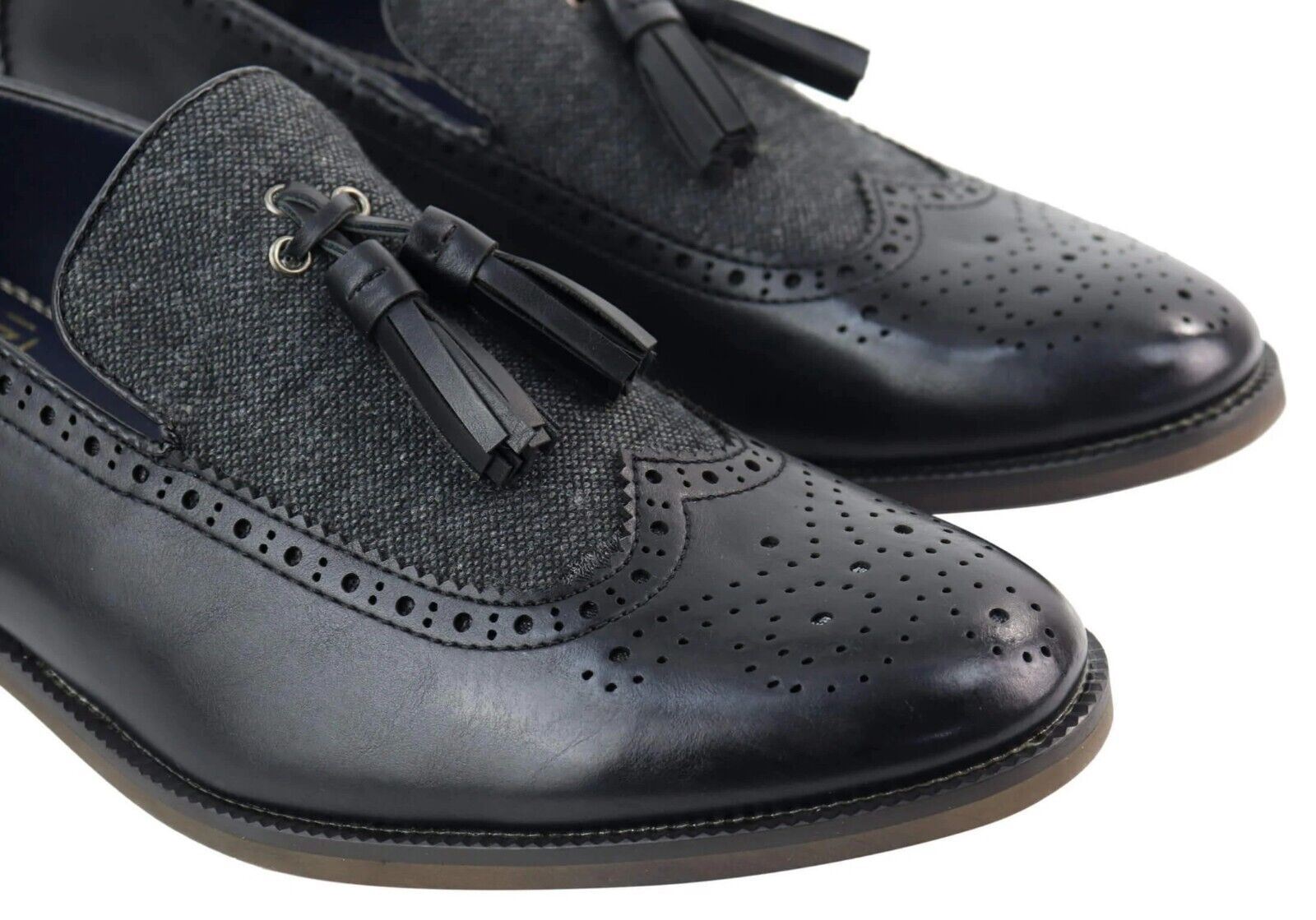 Mens Tasselled Black Leather Tweed Brogue Slip on Loafers - Upperclass Fashions 