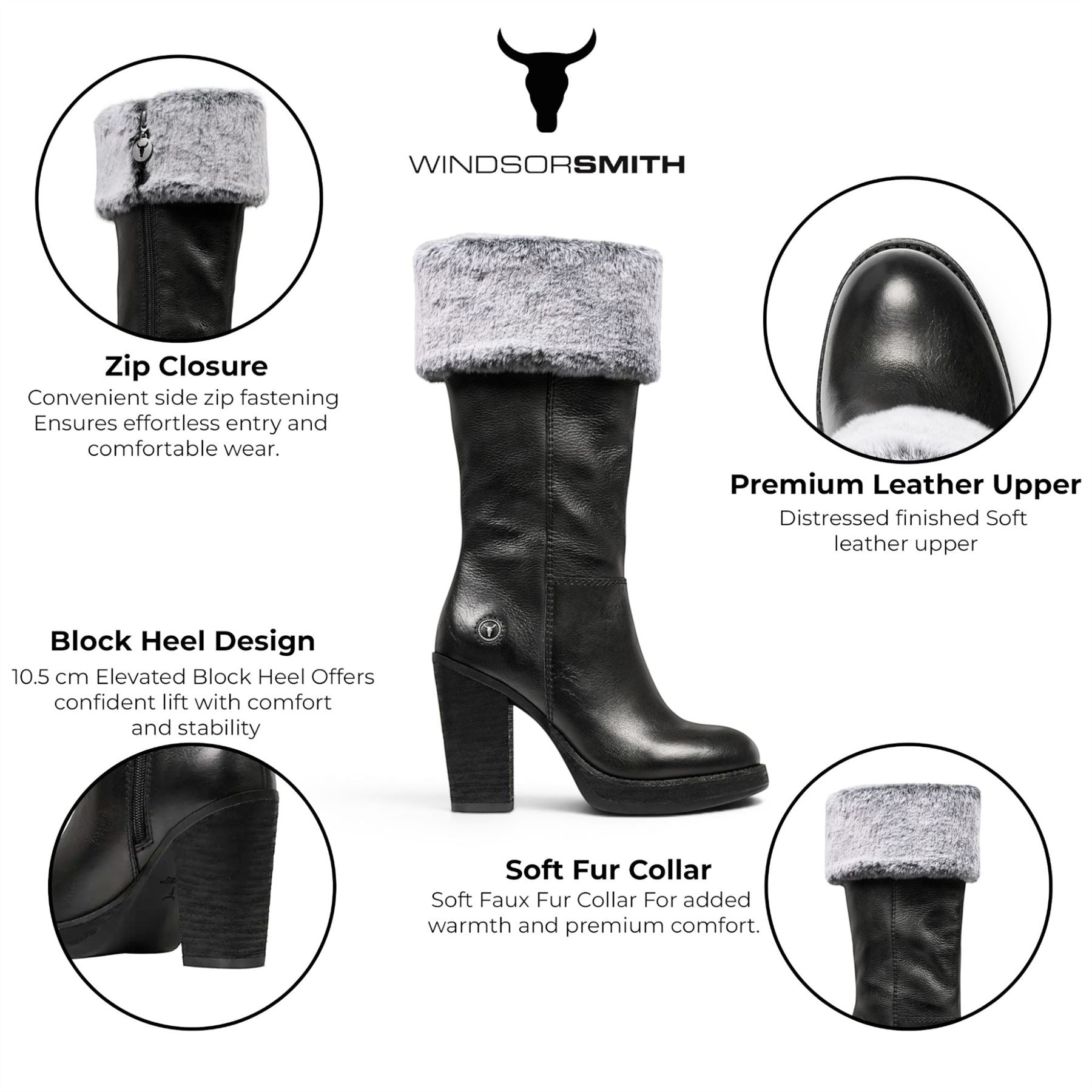 Windsorsmith Womens Mid Calf Black Leather High Heel Fur Boots - Lovestruck