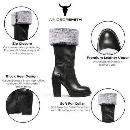 Windsorsmith Womens Mid Calf Black Leather High Heel Fur Boots - Lovestruck