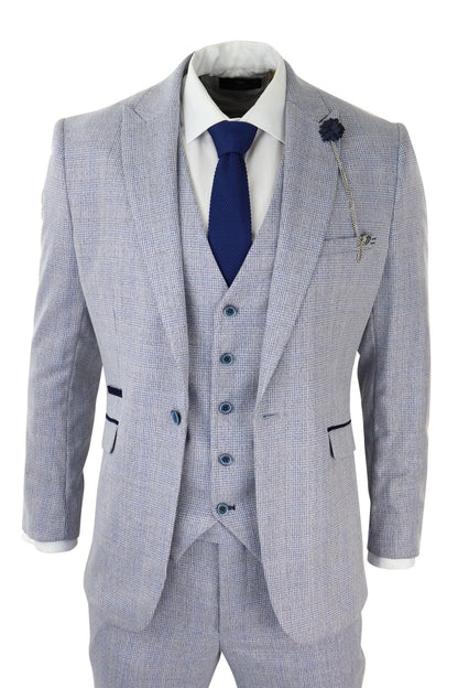 Mens 3 Piece Tweed Suit Light Blue Check Peaky Blinders 1920 Gatsby Wedding Suit