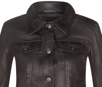 Womens Classic Leather Trucker Jeans Jacket-Nelson