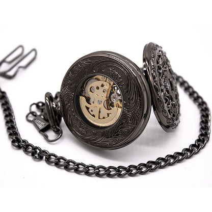 Vintage Black Alloy Mechanical Skeleton Brass Pocket Watch
