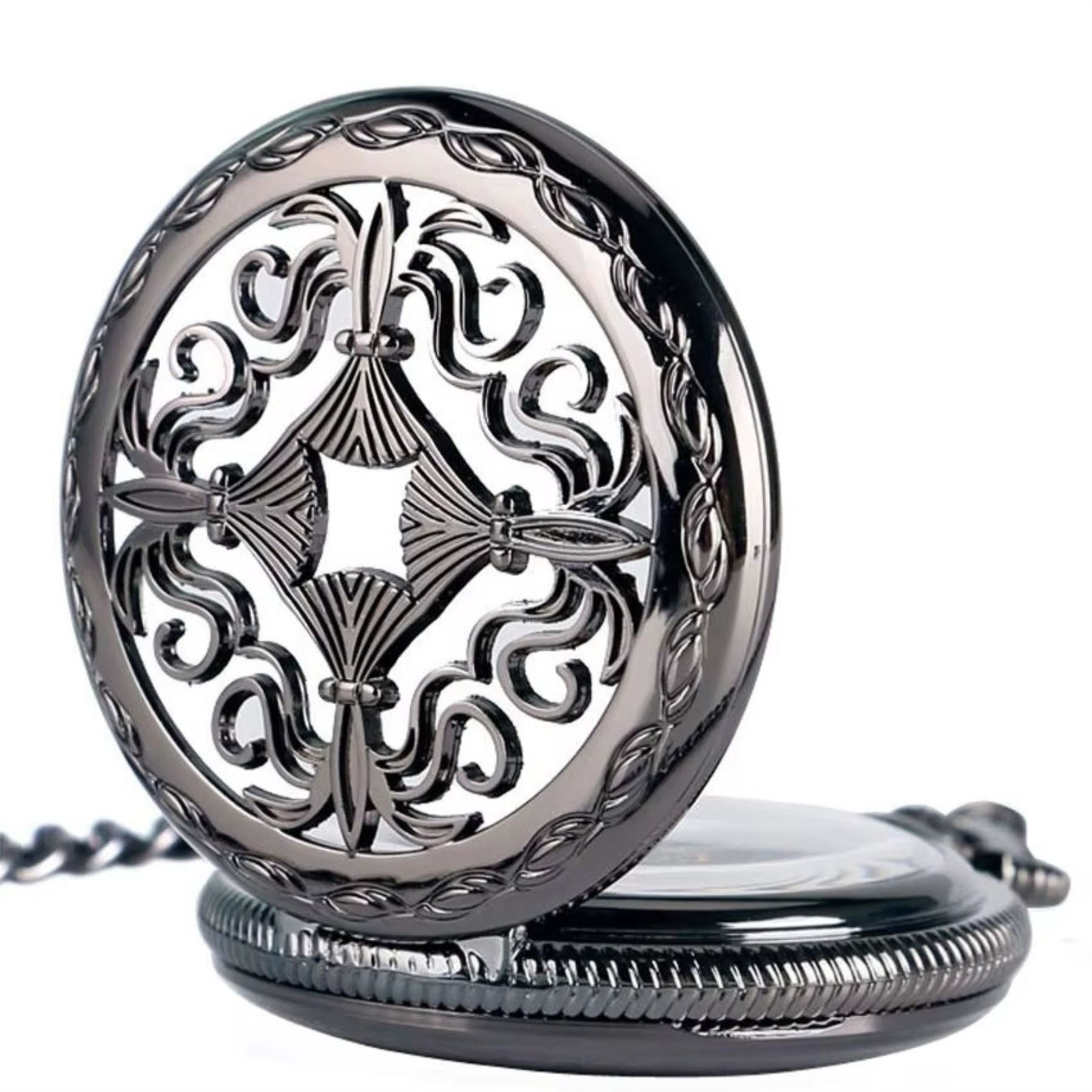 Vintage Black Alloy Mechanical Skeleton Brass Pocket Watch