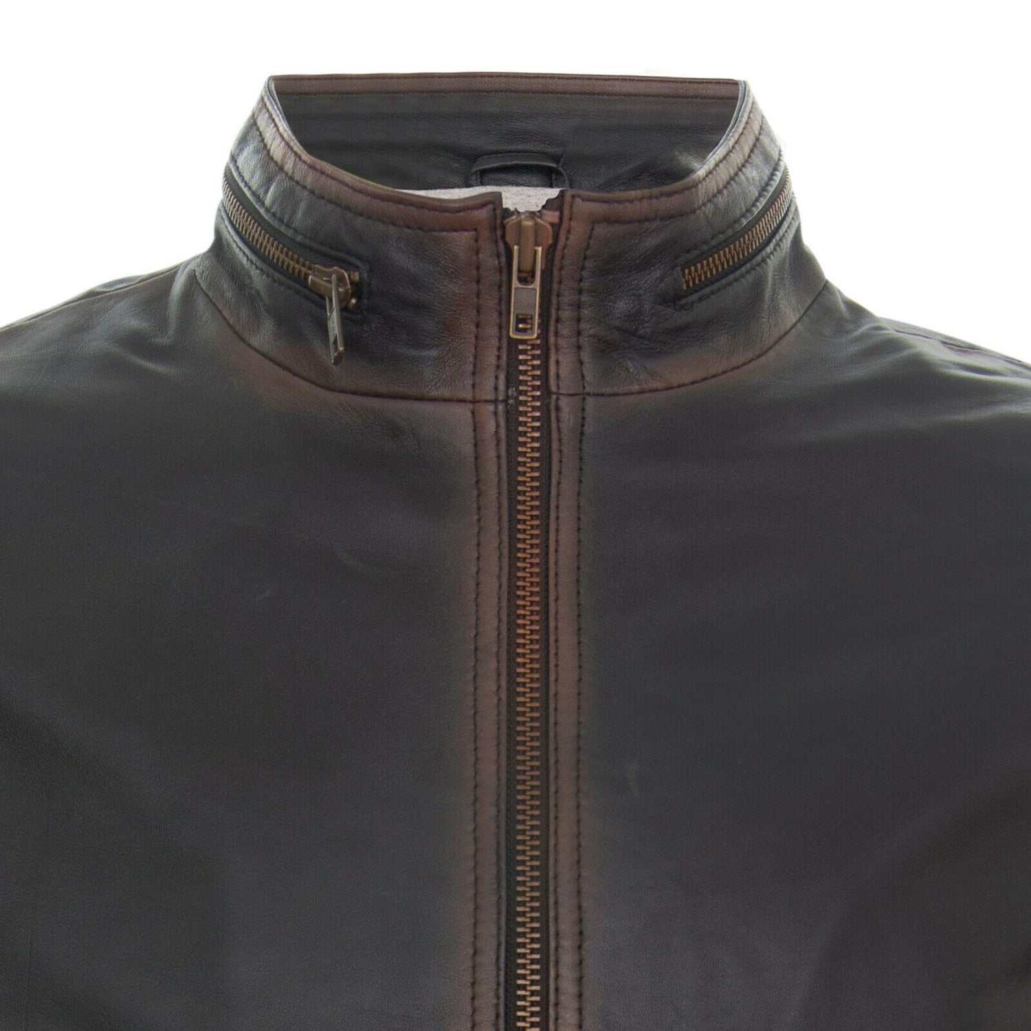 Mens Zipped Leather Bomber Biker Jacket-Barnet