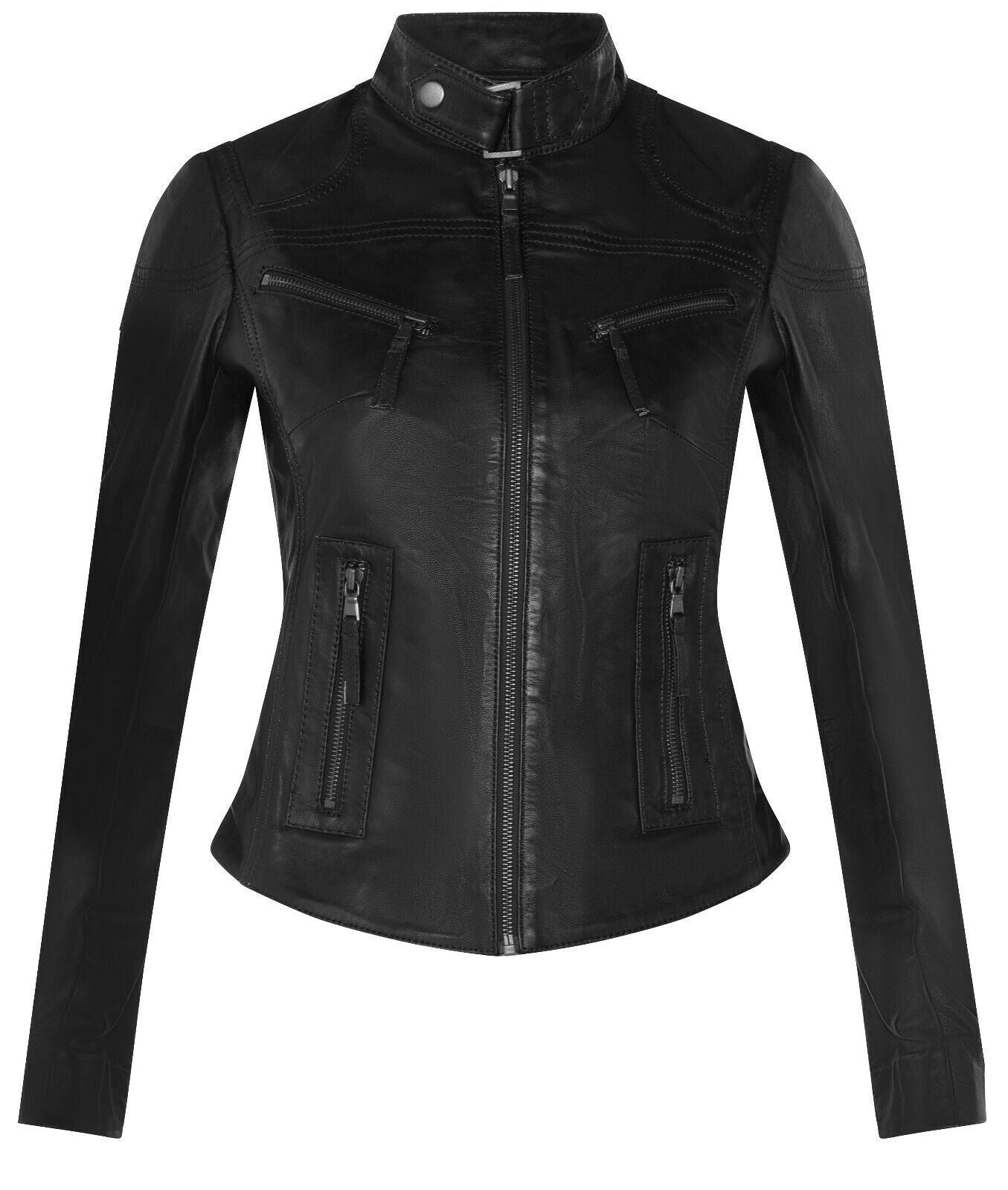 Womens Slim-Fit Leather Biker Jacket-Maldon - Upperclass Fashions 