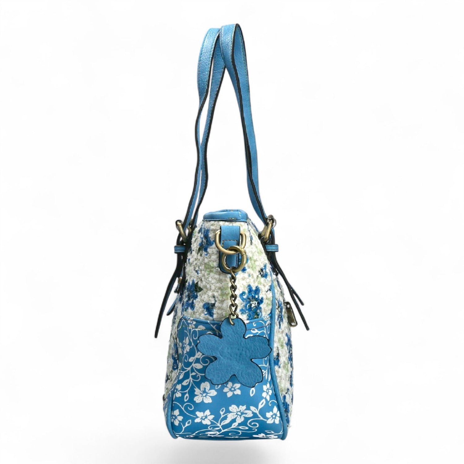 Laura Vita Aloe-02 Womens Blue Floral Print Adjustable Straps Shoulder Tote Bag