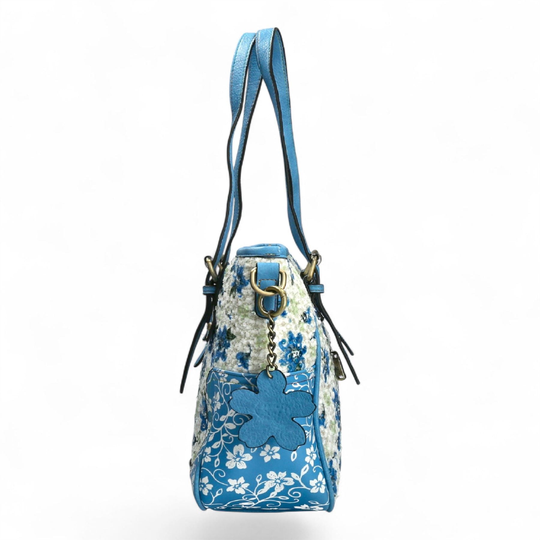 Laura Vita Aloe-02 Womens Blue Floral Print Adjustable Straps Shoulder Tote Bag