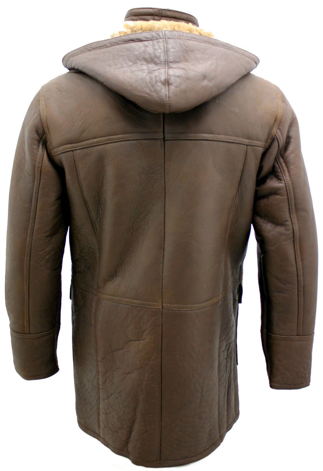 Mens Brown Sheepskin Leather Hooded Duffle Coat-Leatherhead