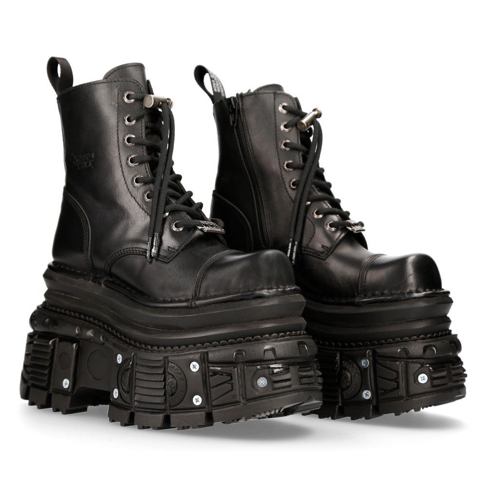 New Rock Metallic Black Leather Military Boots- MILI083CCT-C4