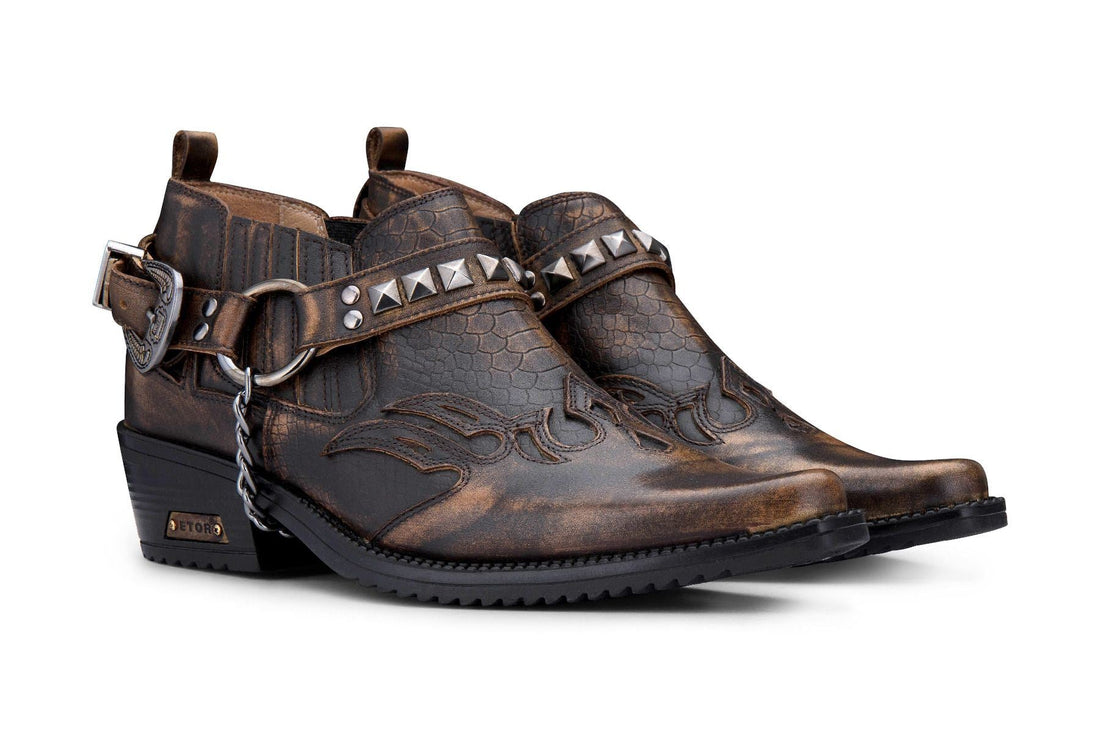 Men’S Brown Croc Leather Winklepicker Studded Western Biker Boots