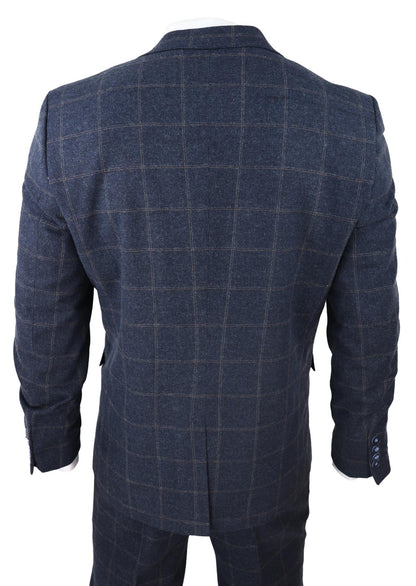 Mens 3 Piece Wool Suit Navy Blue Tweed Check Peaky Blinders 1920 Gatsby Formal
