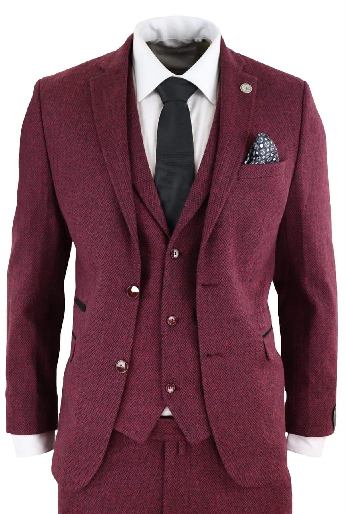 Mens 3 Piece Wine Herringbone Wool Tweed Retro Suit - Upperclass Fashions 