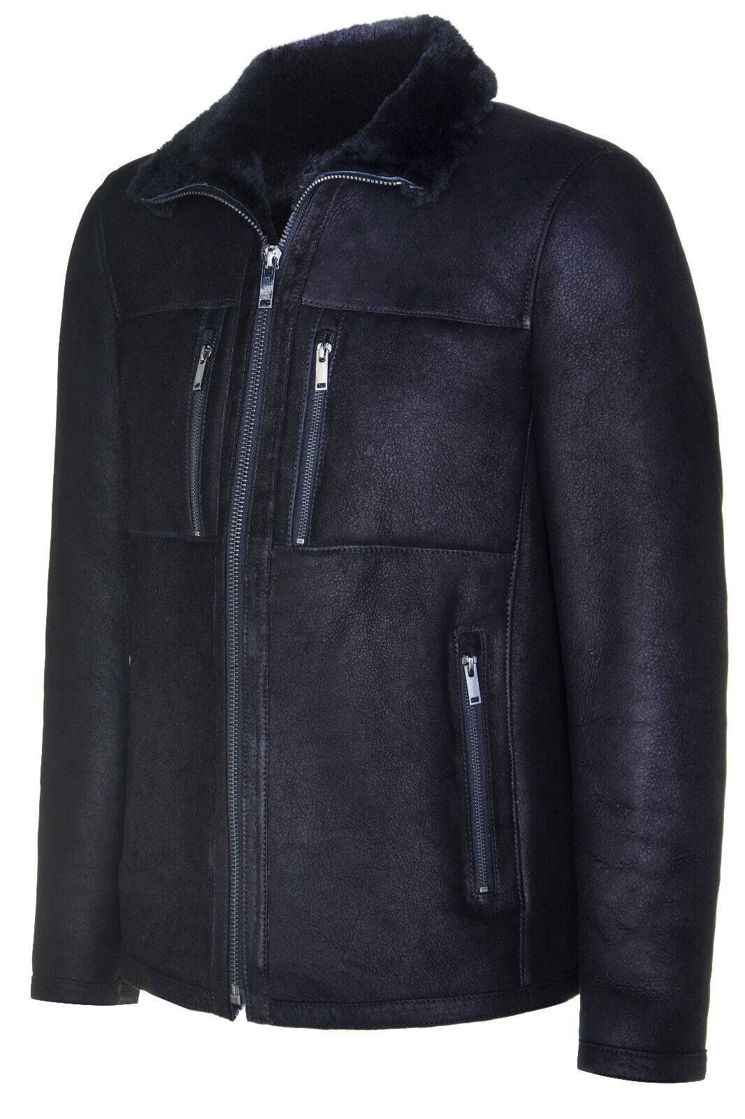 Mens Black Sheepskin Biker Bomber Jacket-Hungerford