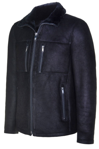 Mens Black Sheepskin Biker Bomber Jacket-Hungerford