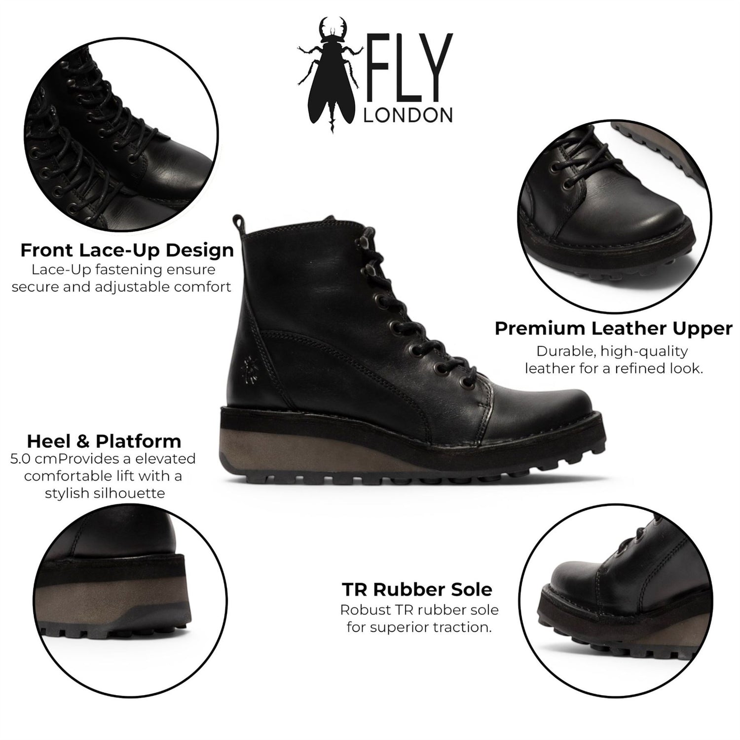 Fly London Womens Black Leather Lace-Up Ankle Boots - HAZI147